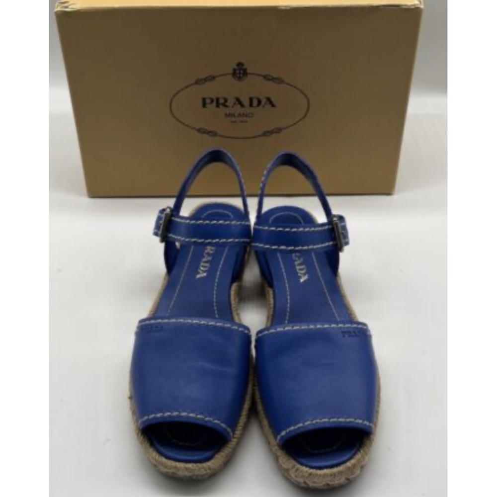 Prada Blue Leather Peep Toe Slingback Espadrille Flat Sandals sz 37